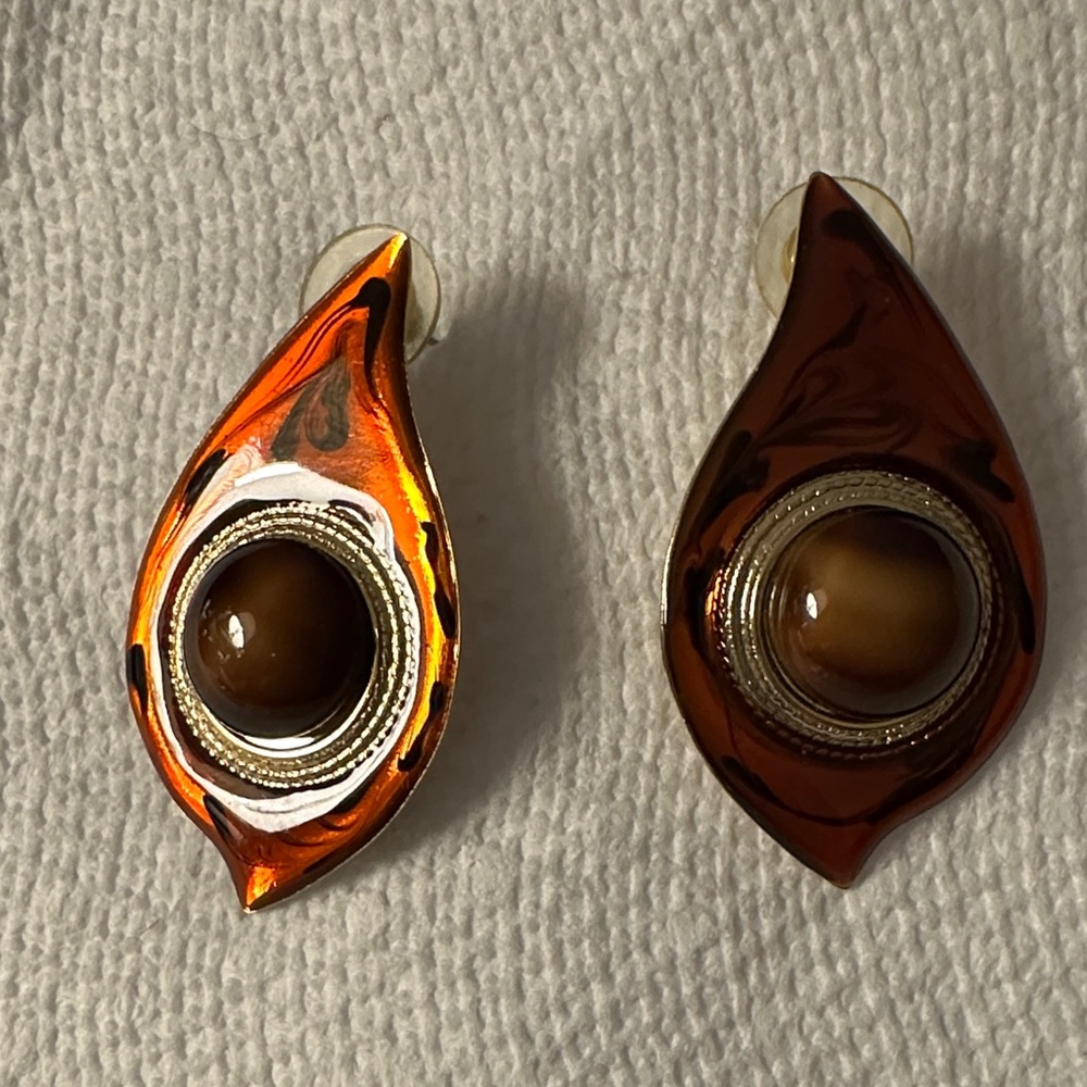 Vintage Style Orange and Brown pierced Earrings